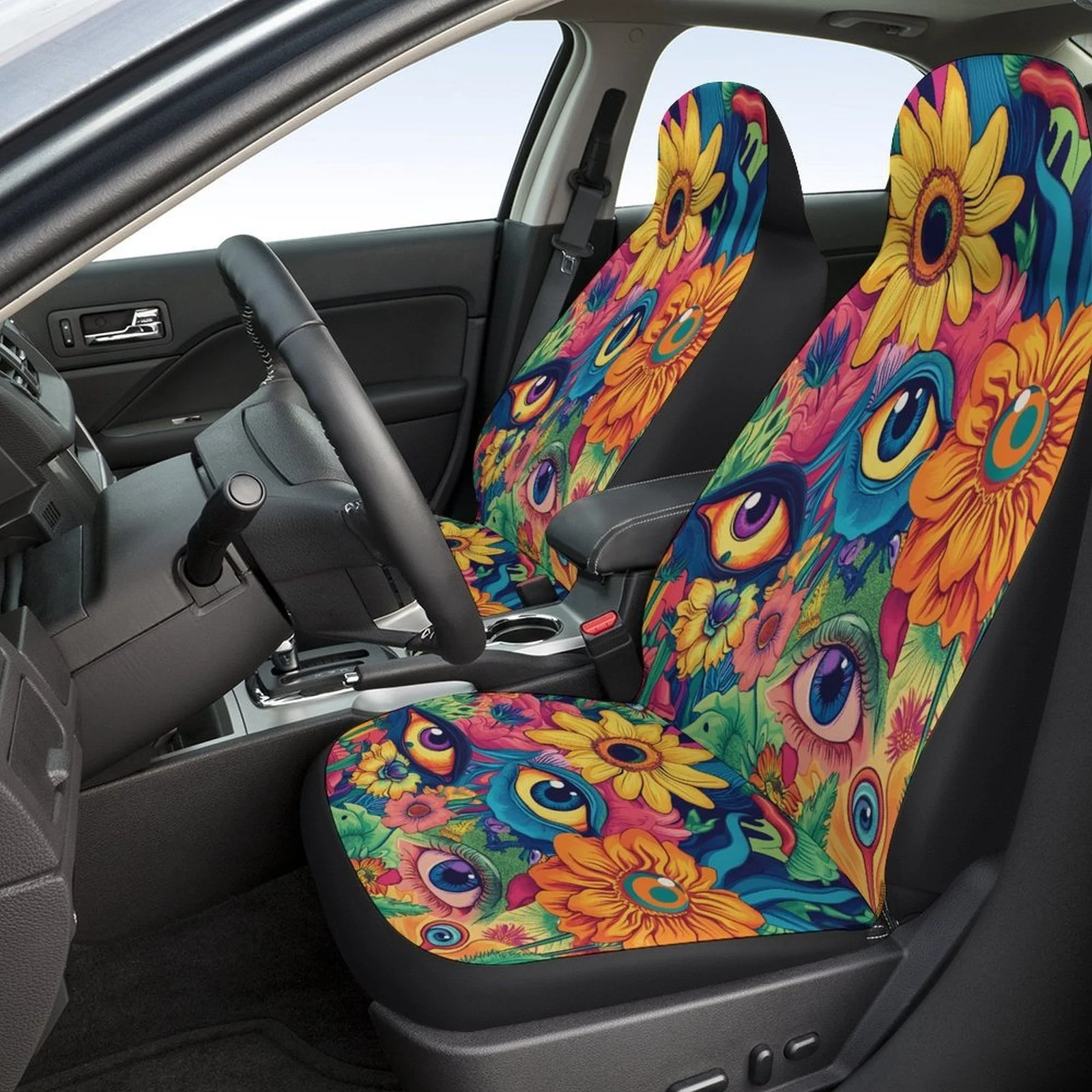 Floral Eyes Fantasy Themed Car Seat Cover Set For Most Cars, Fashion Personalized Novelty Car Seat Protector Covers Full Set, Un