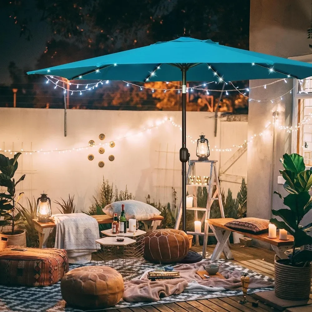 Blissun-paraguas Solar de 9 pies para Patio, sombrilla iluminada con 32 LED, mesa de mercado con inclinación y manivela, para exteriores, para jardín