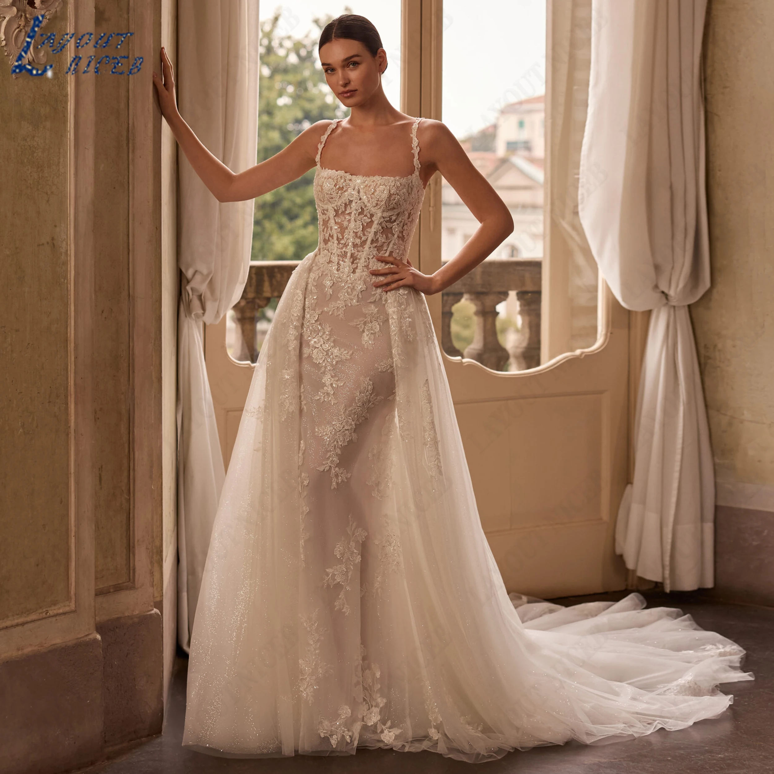 LAYOUT NICEB Customized Corset Spaghetti Straps Bridal Gown Square Neck Mermaid Wedding Dress Glitter Tulle Bride Dresses