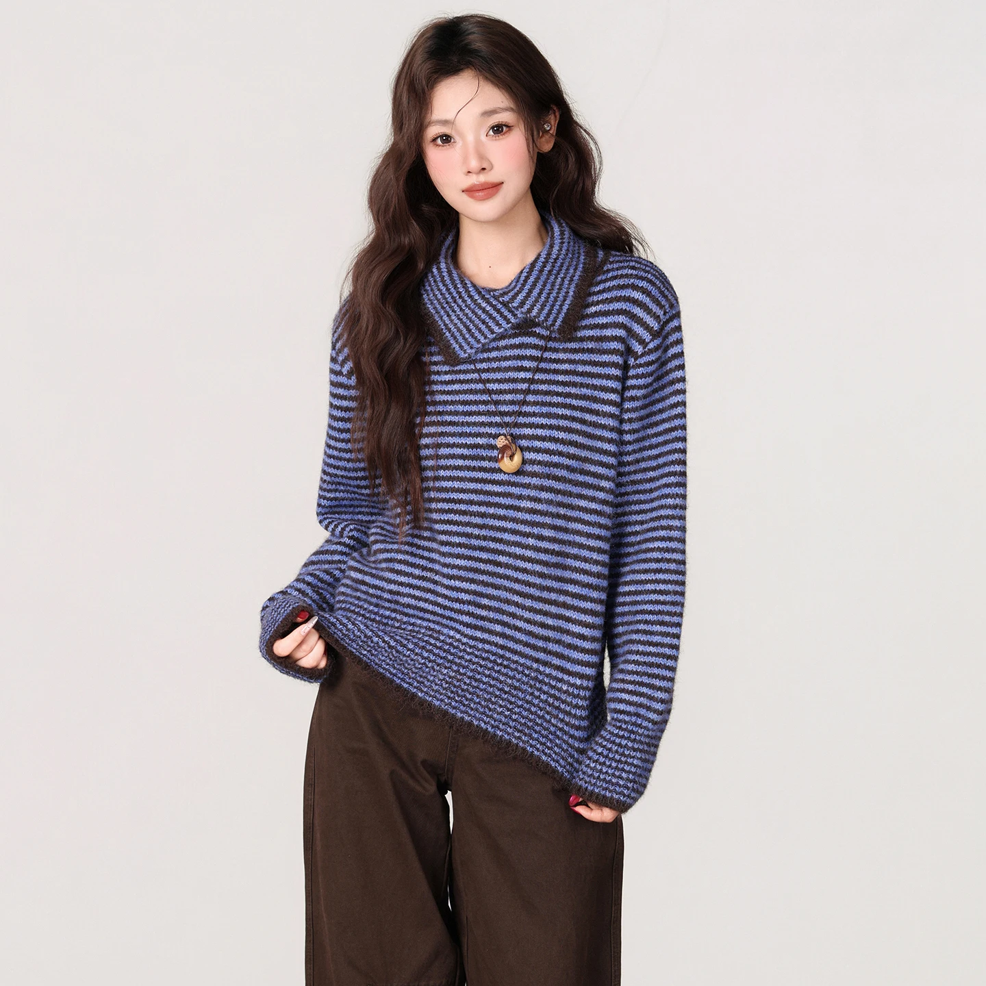 

Свободный крой, корейский полосатый длинный вязаный свитер, женский осенне-зимний новый Sle, ленивая внутренняя одежда, базовый топ