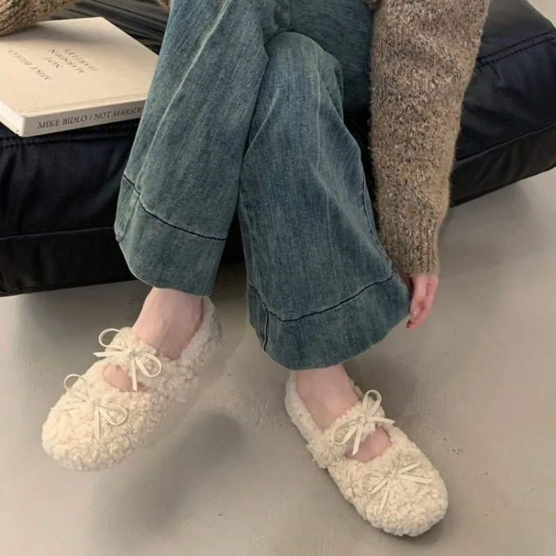 New Style Fashion Women's Shearling Ballet Flats with Strap Warm Rabbit Fur Plush Lined Crystal Buckle Mary Jane Flat Shoes view 5