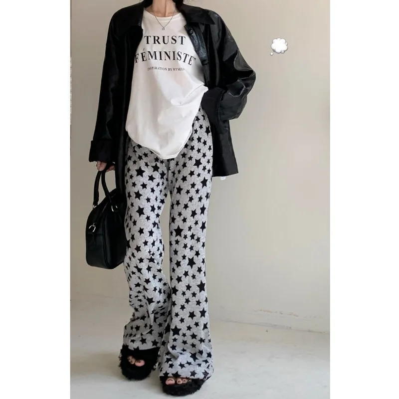 Women Star Printed Wide Leg Pants High Waist Draping Loose Lazy Casual Floor Length Trousers