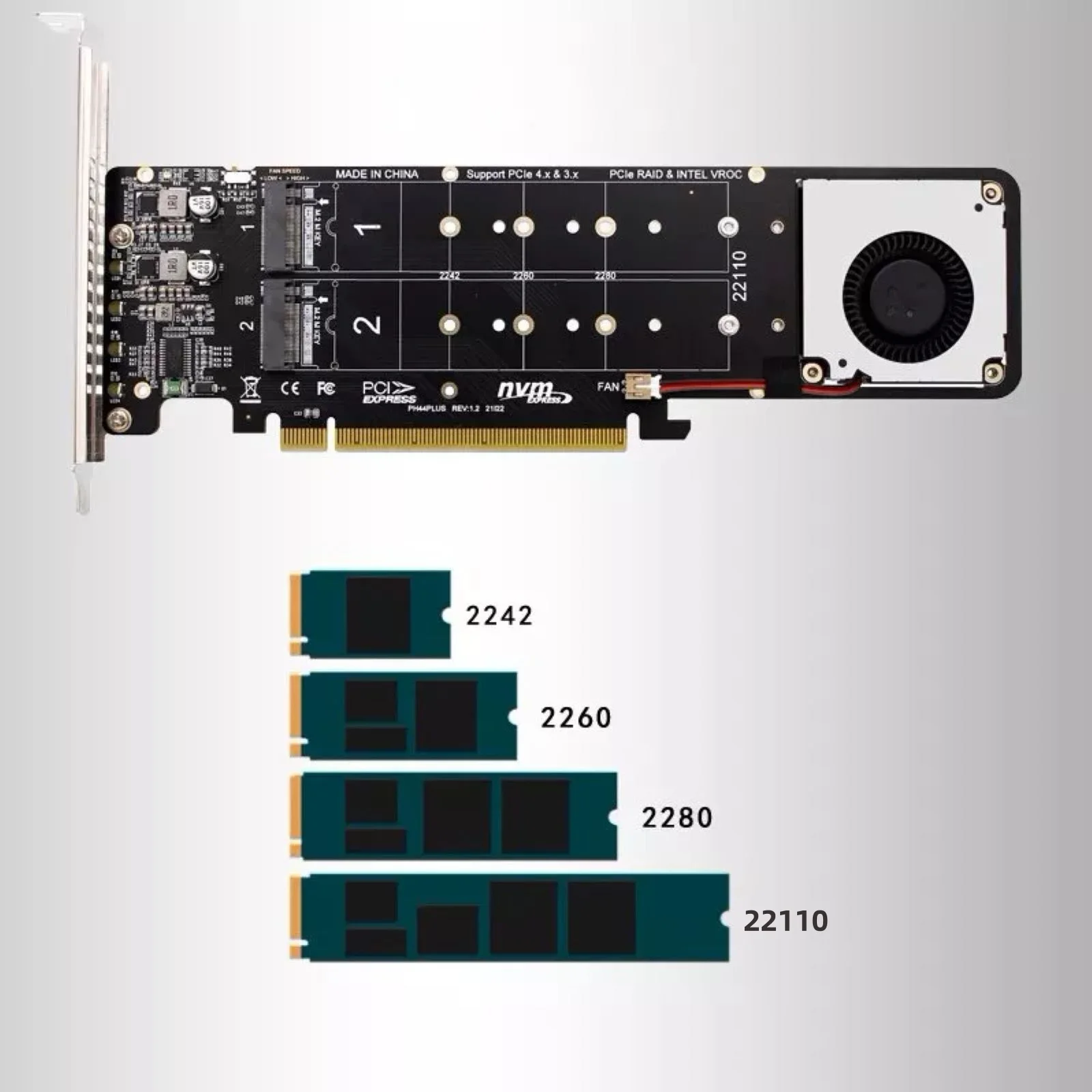 M.2 NVMe SSD 22110 Expansion Card NVMe PCIe RAID Adapter 4 Port NVME M KEY SSD To PCI-E 4.0 X16 Converter Card with Fans