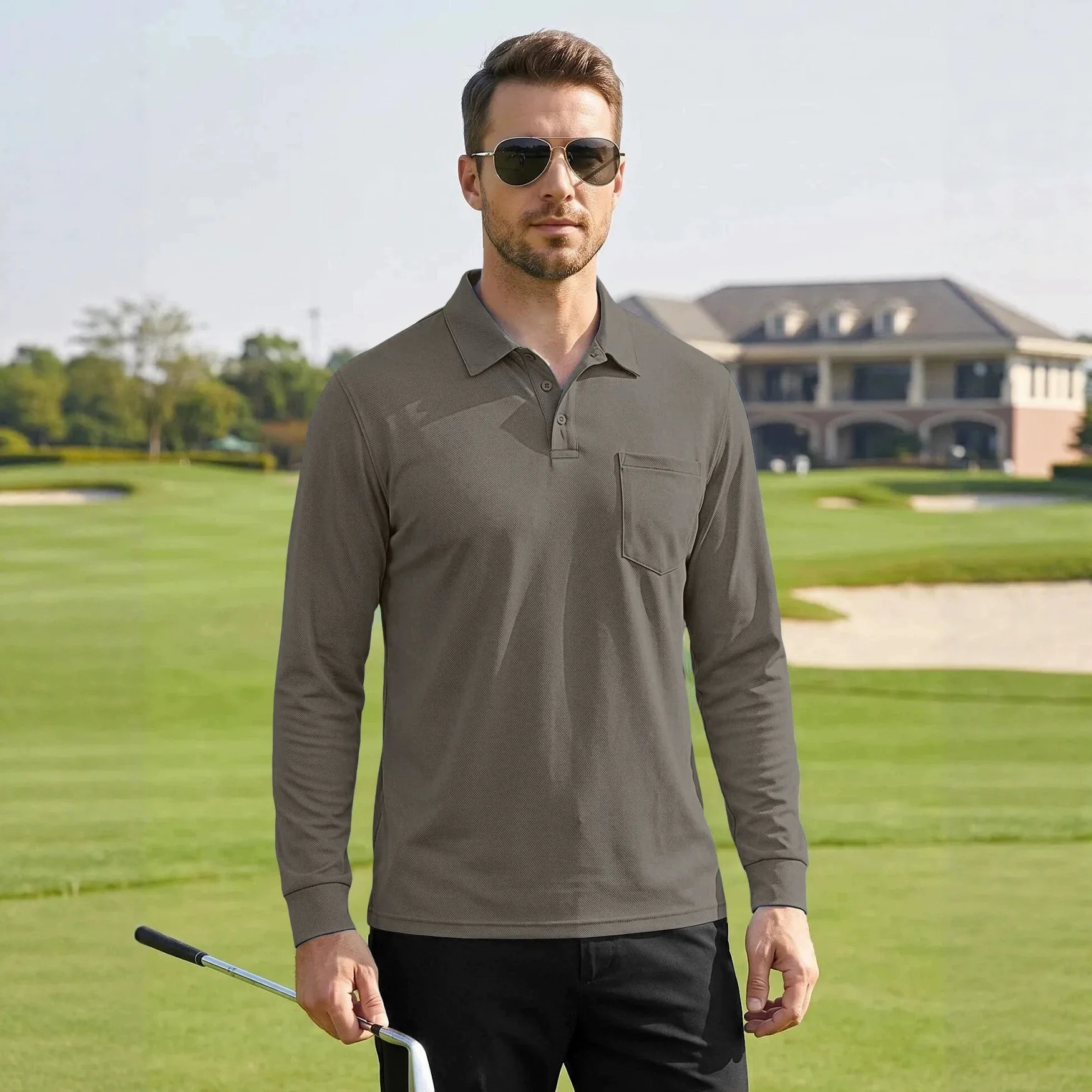 Men's Wear Loose Button Fly Solid Color Long-Sleeve Mesh Fabric Lapel Casual Outdoor Sports Polo Shirt