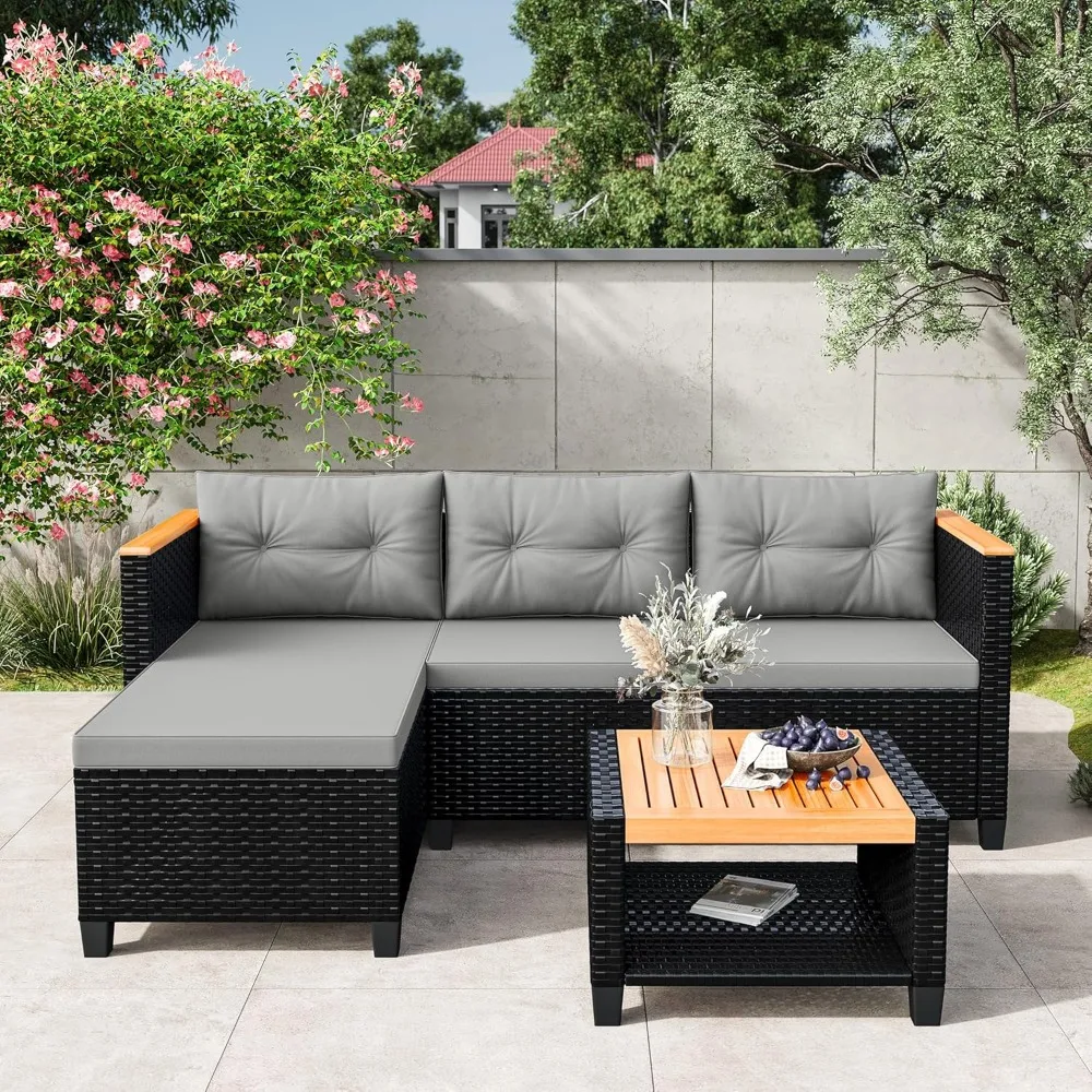 

3-piece courtyard furniture set, all-weather PE rattan outdoor part, with storage platform, L-shaped outdoor sofa