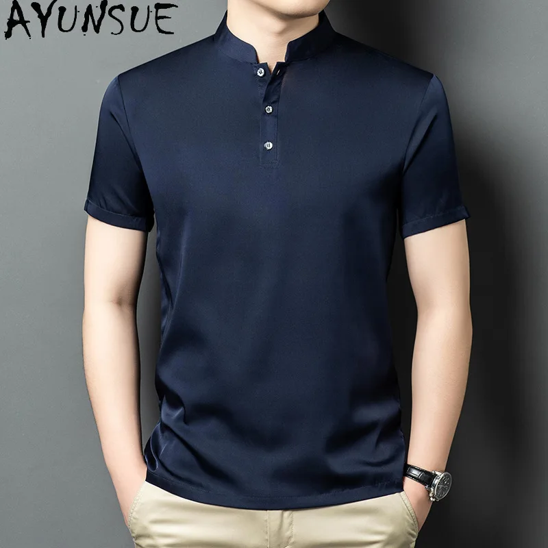 AYUNSUE 92% Real Mulberry Silk T Shirts for Man High Quality Summer Tops 2026 Short Sleeve Shirts Men Clothing Black Satin Shirt