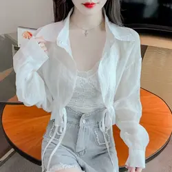 Spring Summer Turn-down Collar Solid Color Women's Clothing Cardigan Chiffon Long Sleeve Button Coats Shirt Casual Korean Tops