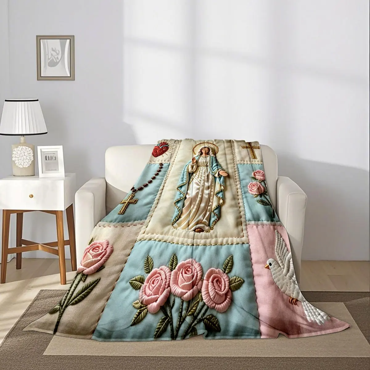 2D Virgin Mary Imitation Embroidery Patchwork Style Flannel Blanket, Religious Rose Cross Believer Decorative Throw Blanket