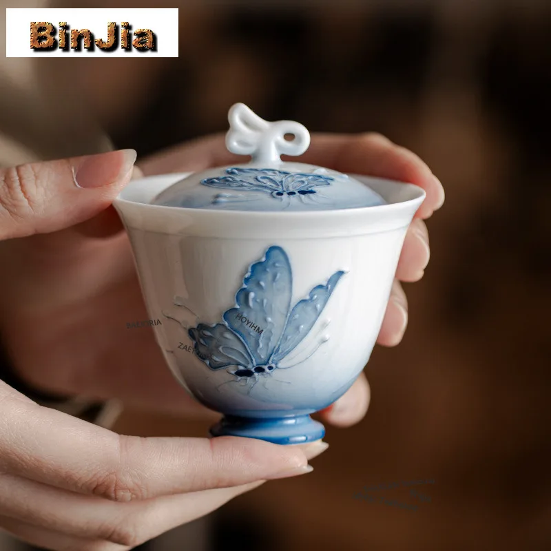 BAEJORIA 100ml Gradient Ramp Hand-painted Butterfly Gaiwan Elegant Tea Tureen Tea Bowl With Lid Kit Tea Making Cover Bowl Craft