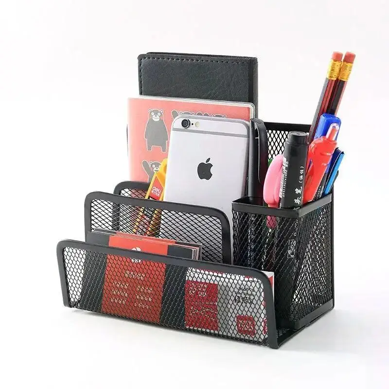 Mesh Desk Organizer Black Desktop Office Storage Grid Metal Business Card File Multifunctional Office Supplies Storage Rack