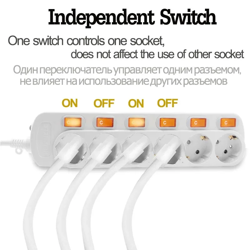 European Power Strip 3/4/5/6 Socket Independent Switch Surge Protection 1.5/2.5Meters Wire