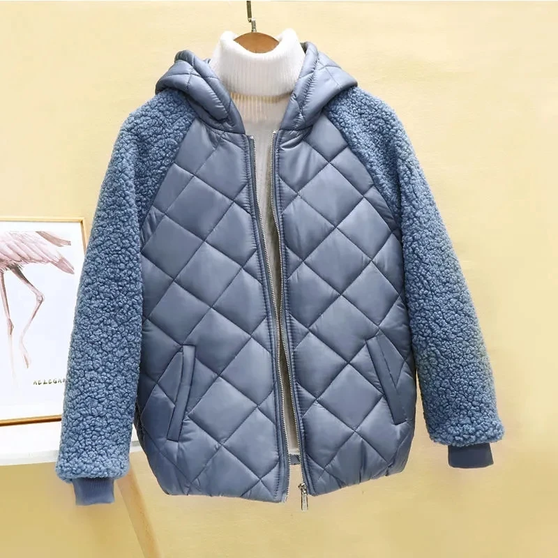 Thin Light Down Cotton Jacket Female Short Coat Autumn Winter Women\'s 2023 New Hooded Loose Lmitation Lamb Wool Cotton Jacket