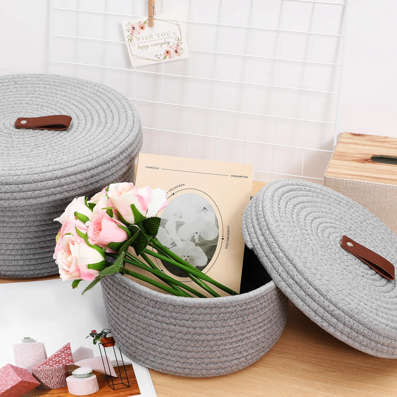 

2Pcs Rope Storage Basket Woven Cotton Organizer Bin with Lid for Blankets Laundry Sundries Boho Style Shelf Use