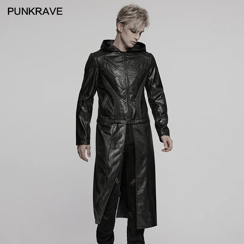 

PUNK RAVE Men's Detachable Punk Twill Faux Leather Long Jacket Hooded Style Male Strength Handsome Personalized Coat Autumn