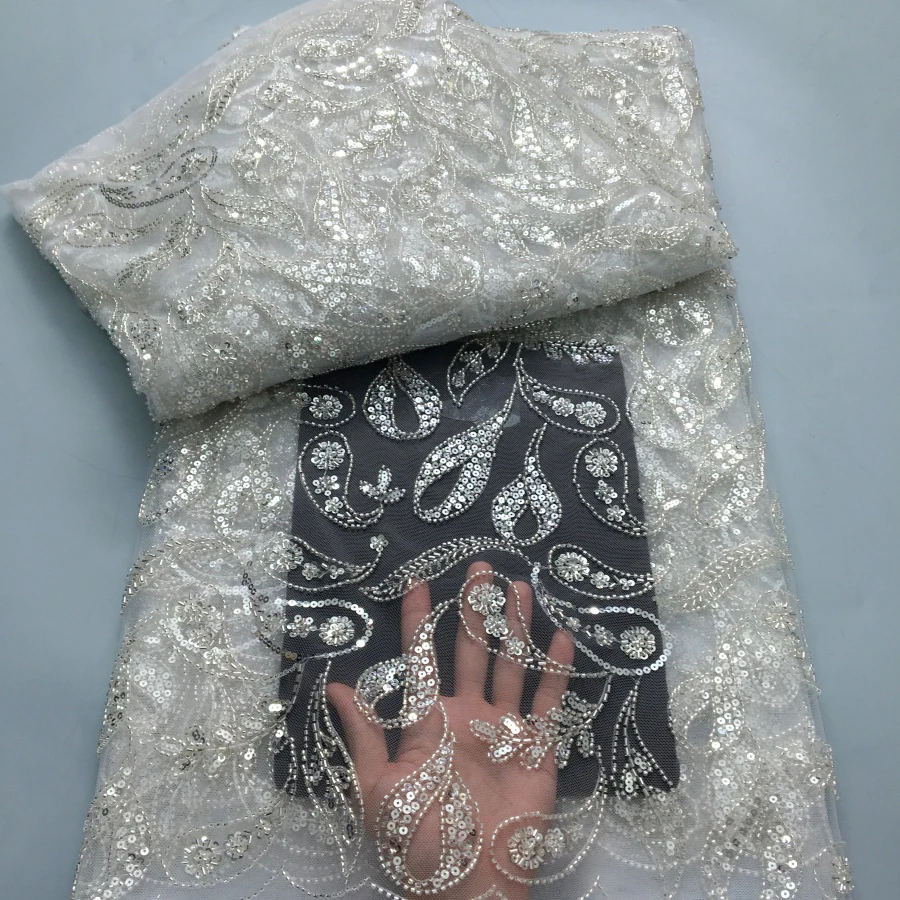 

White Bride African Beaded Lace Fabric 2025 High Quality 5 Yards Nigerian French Tulle Lace Fabric Wedding Dress for Women A4223