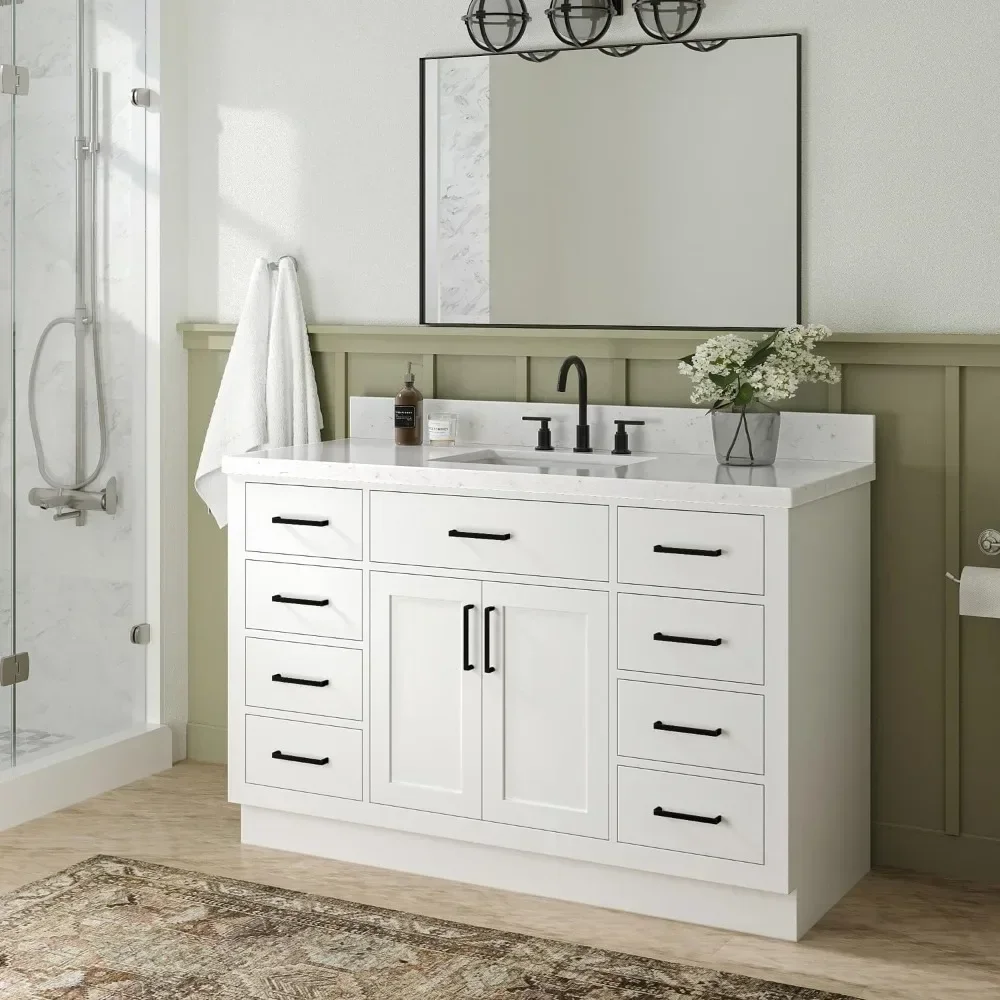 

54" Bathroom Vanity with Carrara Quartz Countertop, Single Rectangular Sink, Soft Closing Doors & Drawers