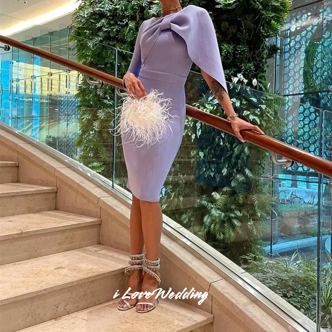 

Purple O-Neck Evening Dresses 2025 Bow Shawl Long Sleeve Mermaid Prom Dress Tea-Length Pleated Wedding Party Dresses Customized