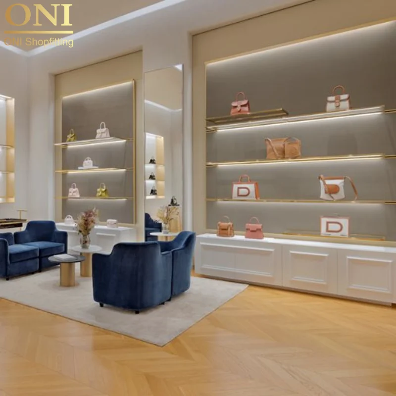 custom.ONI Shopfitting Customized Boutique Bag Store Interior Design Advanced Wall Mounted Multi-layer Display Cabinet with LED