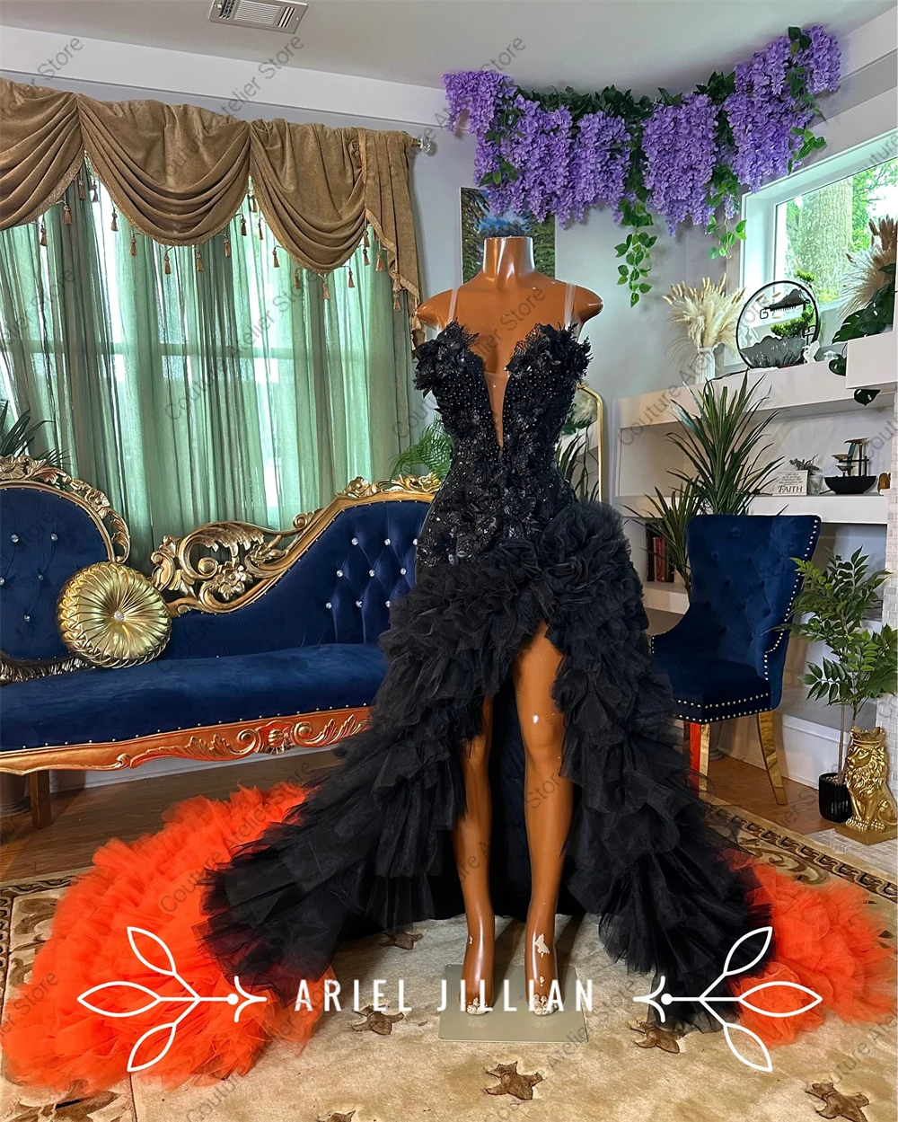 Spaghetti Beaded Rhinestone Prom Dresses Orange And Black Tulle Ruched Train High Split Elegant Party Gown Luxury Birthday Dress