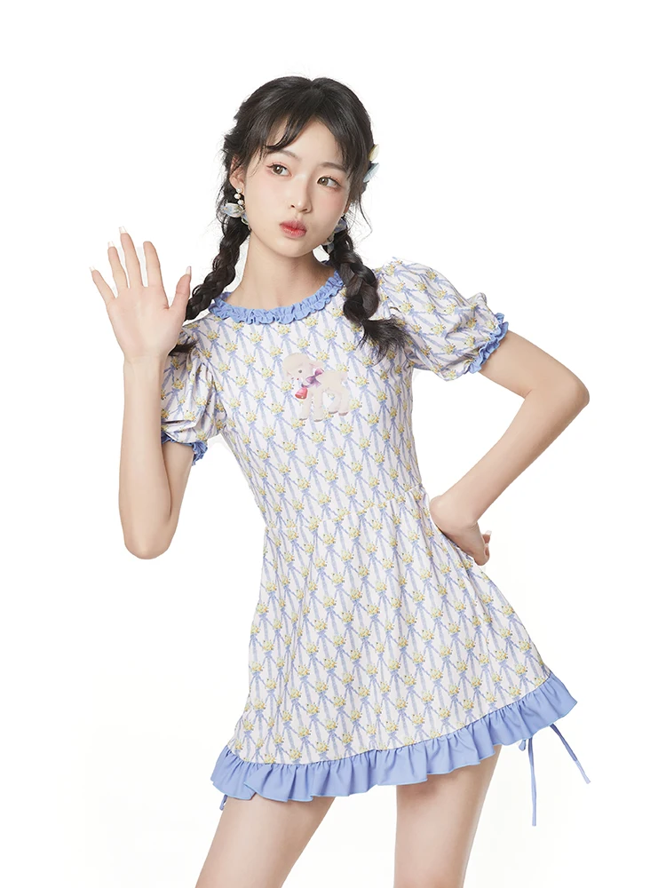 

Floral Print High Ne ort Sve Swimsuit Women's Slimming Conservative Bather Suit Summer Cute Student Lamb Design