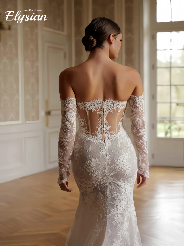 تخصيص مثير الدانتيل حورية البحر الزفاف التنفس قبالة الكتف طويلة الأكمام زي العرائس فستان فيستدو دي نوفيا