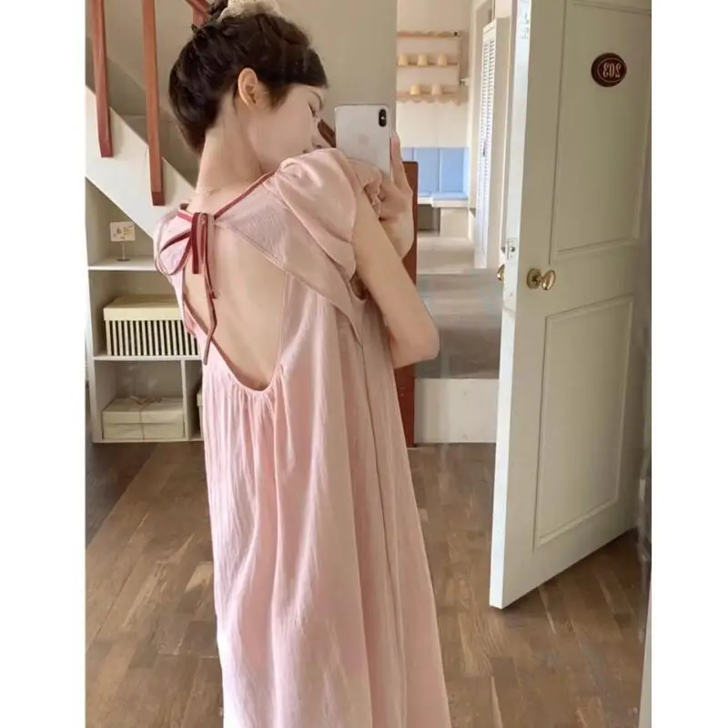 

Women's Pajama Set Fashion Homewear Nightgown Cotton Women Summer Homewear Sexy Sleeveless French Style Backless Contrast Color