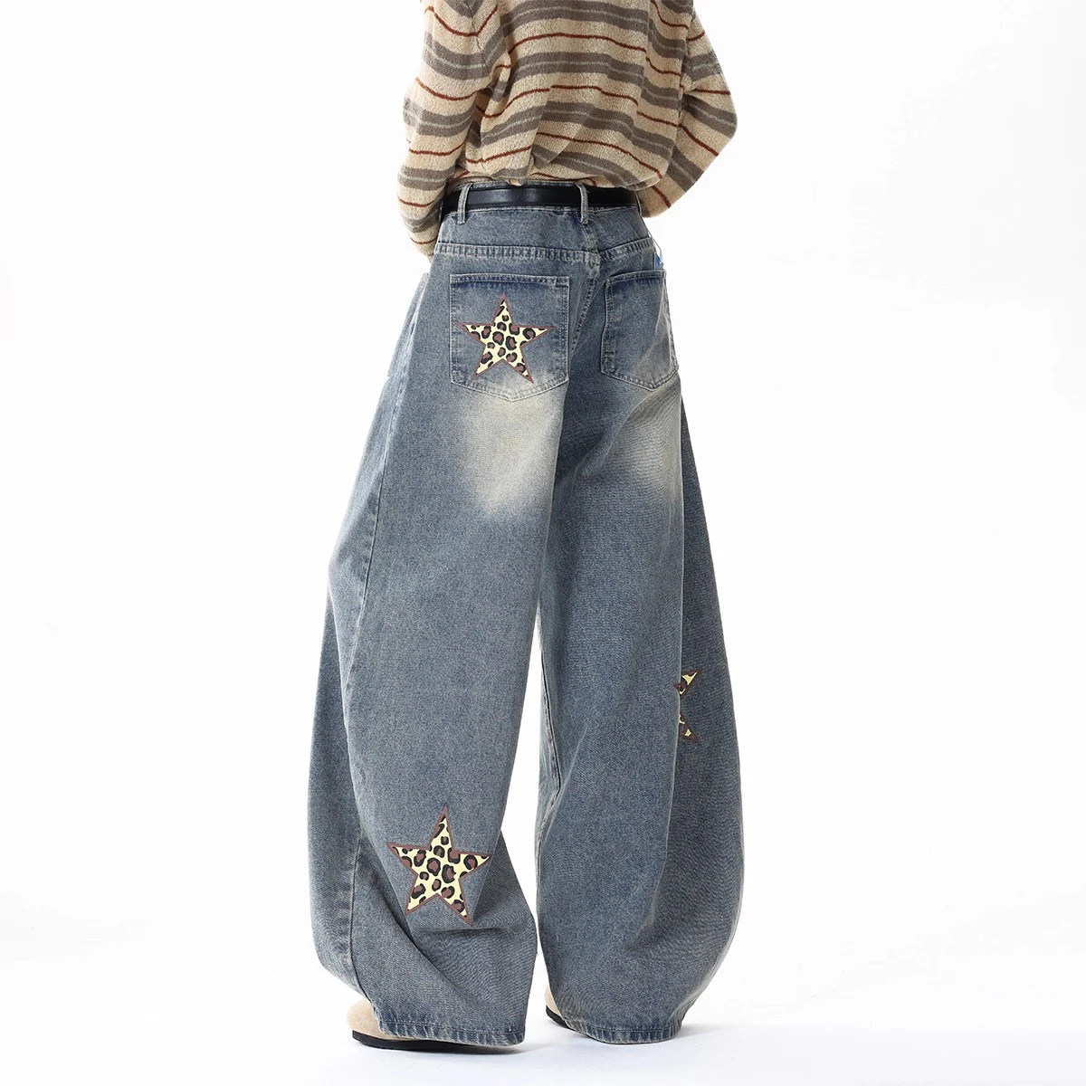 Street Fashion Style Five-pointed Star Leopard Print Jeans Women's Autumn Slim Straight Pants Wide Leg Denim Pants