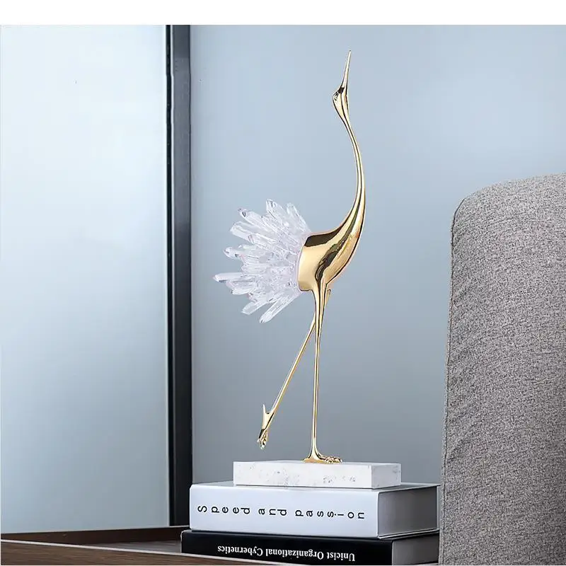 Simulation Animal Sculpture Golden Crystal Crane Resin Agate Bird Modern Home Decoration Accessories