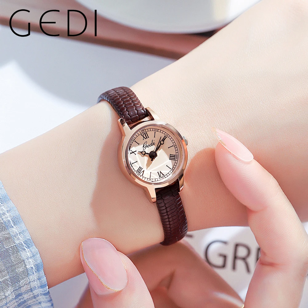 Fashion Gedi Top Brand Ultra-thin Women's Gift  Luxury Brand Small Quartz Watch Pu Leather Band Roman Scale Water Resistance 30m