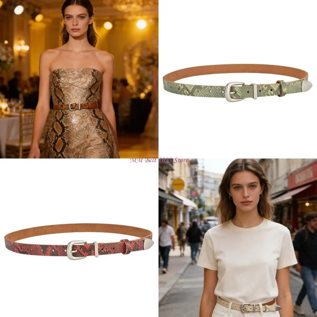 

49ME Trendy Thin Waistband For Women Men Snake Texture Leather Belt Formal Casual