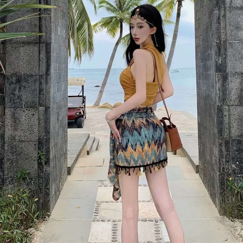 Lady Korea Boheemse Toprok 2-delige set Outfit Pak Zomer Vrouwelijke Strandvakantie Een Schouder Top Hip Split Lint Rok Set