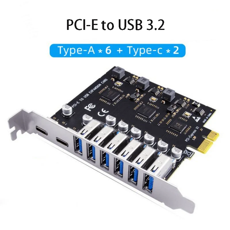PCIE to USB3.2 Type C Convert Card  6 Ports USB A 2 Ports USB C to PCI-E X1 X4 X8 X16 Convert Adapter PC Front Panel Expand Card