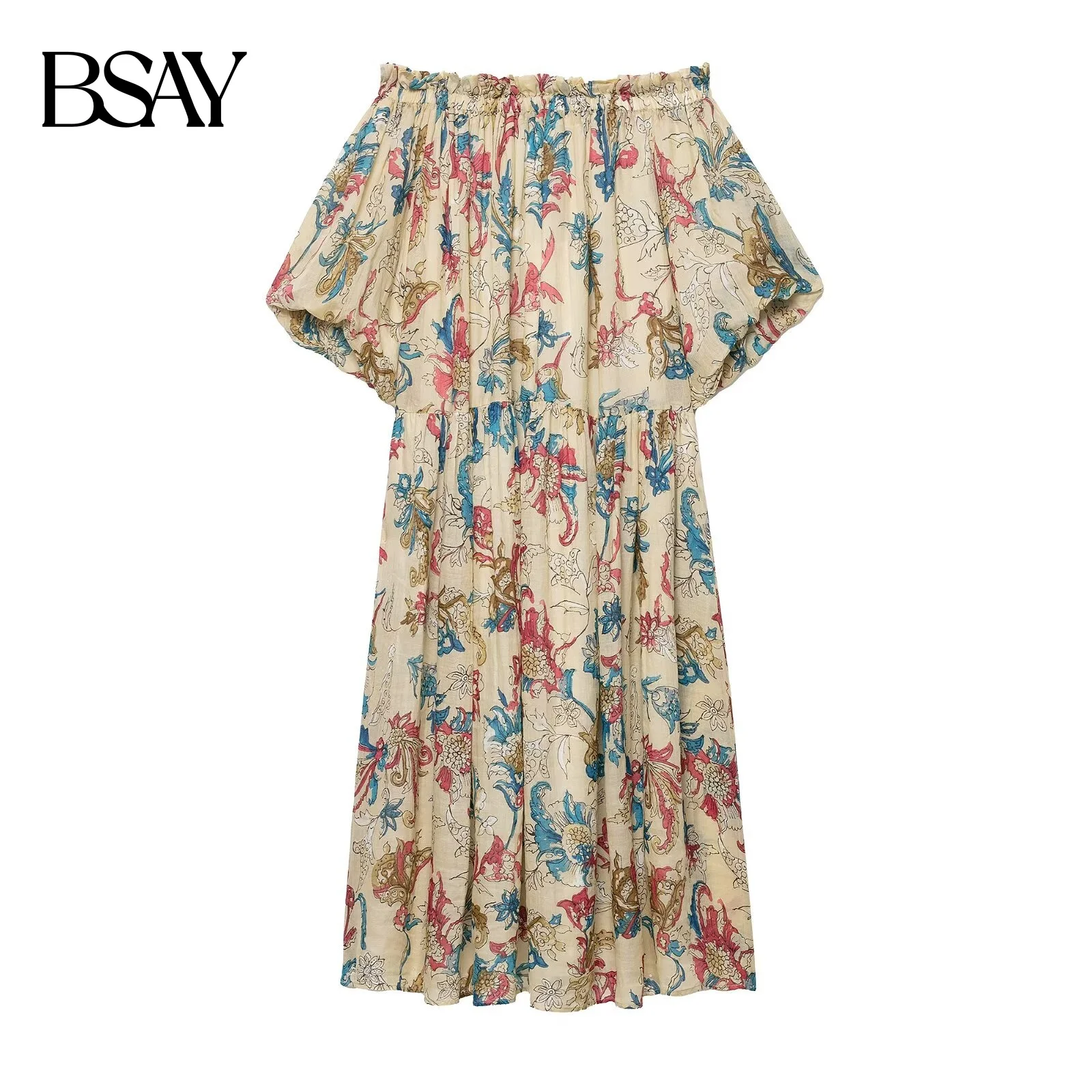 BSAY Bedrucktes Kleid, Sommer, neuer Stil, 2025, Damen, sexy, schulterfrei, Blasenärmel, lockere Robe, französische, elegante, lange Abendkleider