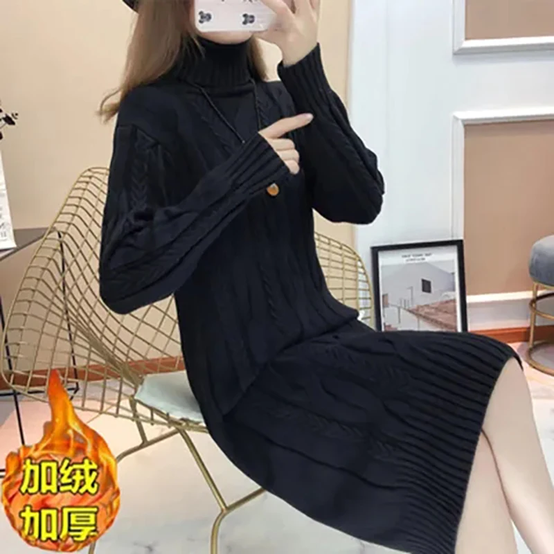 Autumn And Winter New Double Velvet Highnecked Over-the-knee Sweater Female Loose Long Sweater Long Skirt With Thick Coat Female