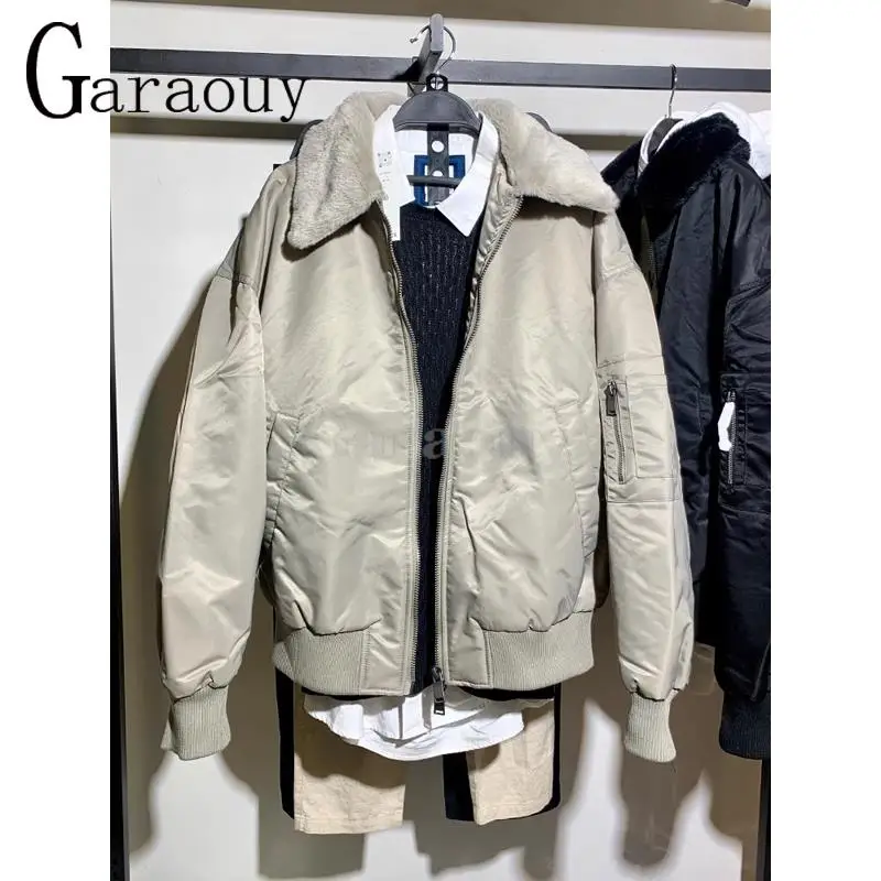 Garaouy 2024 Winter Men\'s Chic Spliced Lapel Zip Pocket Bomber Jacket Male Casual Loose Oversized Lightweight Parka Coat Outwear