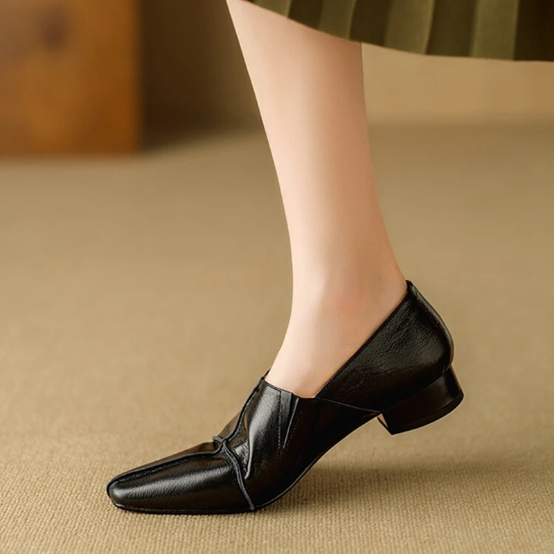 NEW Spring Women Loafers Genuine Leather Shoes for Women Square Toe Low Heel Women Pumps Slip-on Soft Black Shoes Comfort Shoes