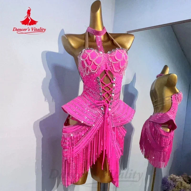 Vestido de baile latino personalizado para mujer, traje de actuación profesional, diamantes de imitación de lujo, Sexy, sin espalda, borla, Tango, Samba, Rumba