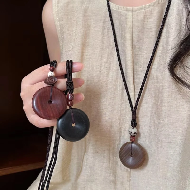 New Chinese Style Round Wood Pendant Necklaces for Women Button Shape Ping An Kou Neck Chain Retro Long Adjustable Rope Jewelry