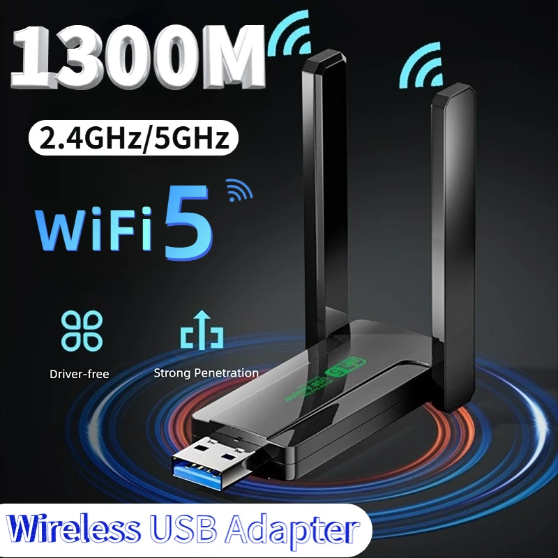 

1300Mbps WiFi USB Adapter Dual Band 2.4G/5Ghz Wi-Fi Dongle 802.11AC Powerful Antenna Wireless Receiver For PC/Laptop Driver Free