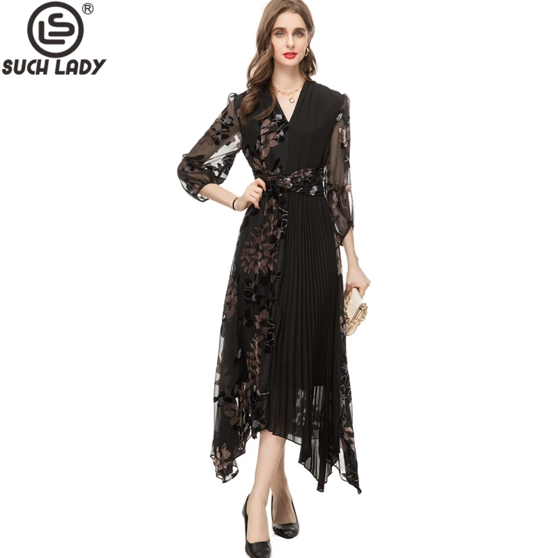 

Women's Runway Dresses V Neck Long Sleeves Printed Floral Pleated Patchwork Asymmetrical Elegant Designer Vestidos