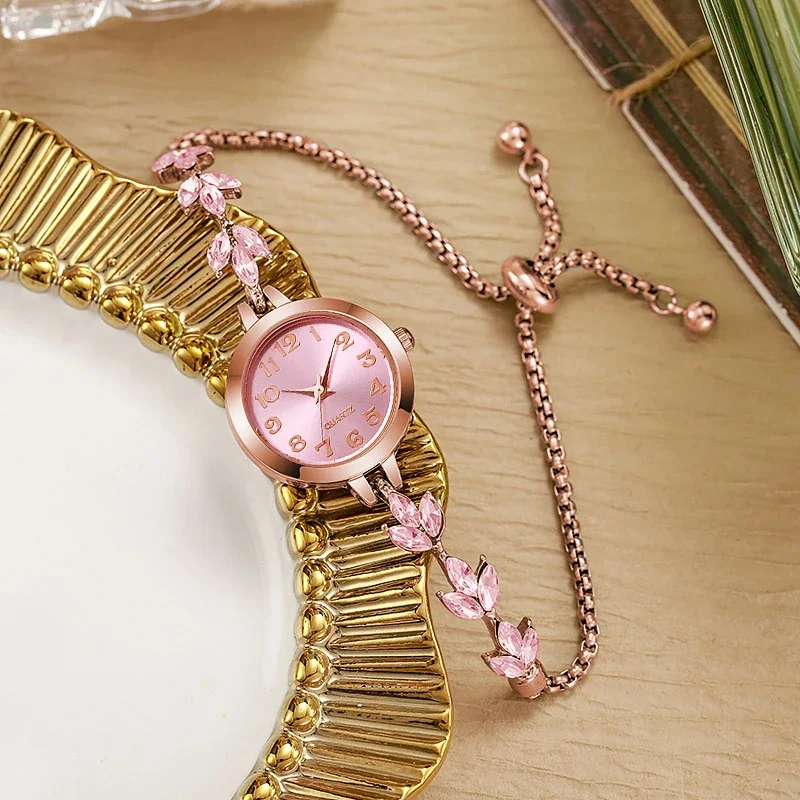 Elegant Ladies Thin Bangle Watch, Marquise Pink Zircon Leaf Decor Rose Gold Quartz Wristwatch for Daily Dating