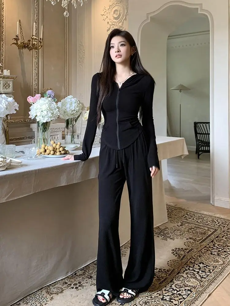 

Autumn Winter Pant Suits Women Outfits Fashion Knitted Hooded Cardigan Top Wide Leg Pants Two-piece Set Female Tracksuits