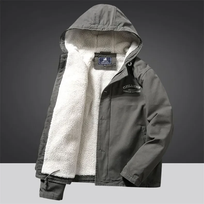 Men's Lamb Wool Retro Workwear Hooded Fleece-lined and Thickened Cotton-padded Jacket Coat in Autumn and Winter 2024.