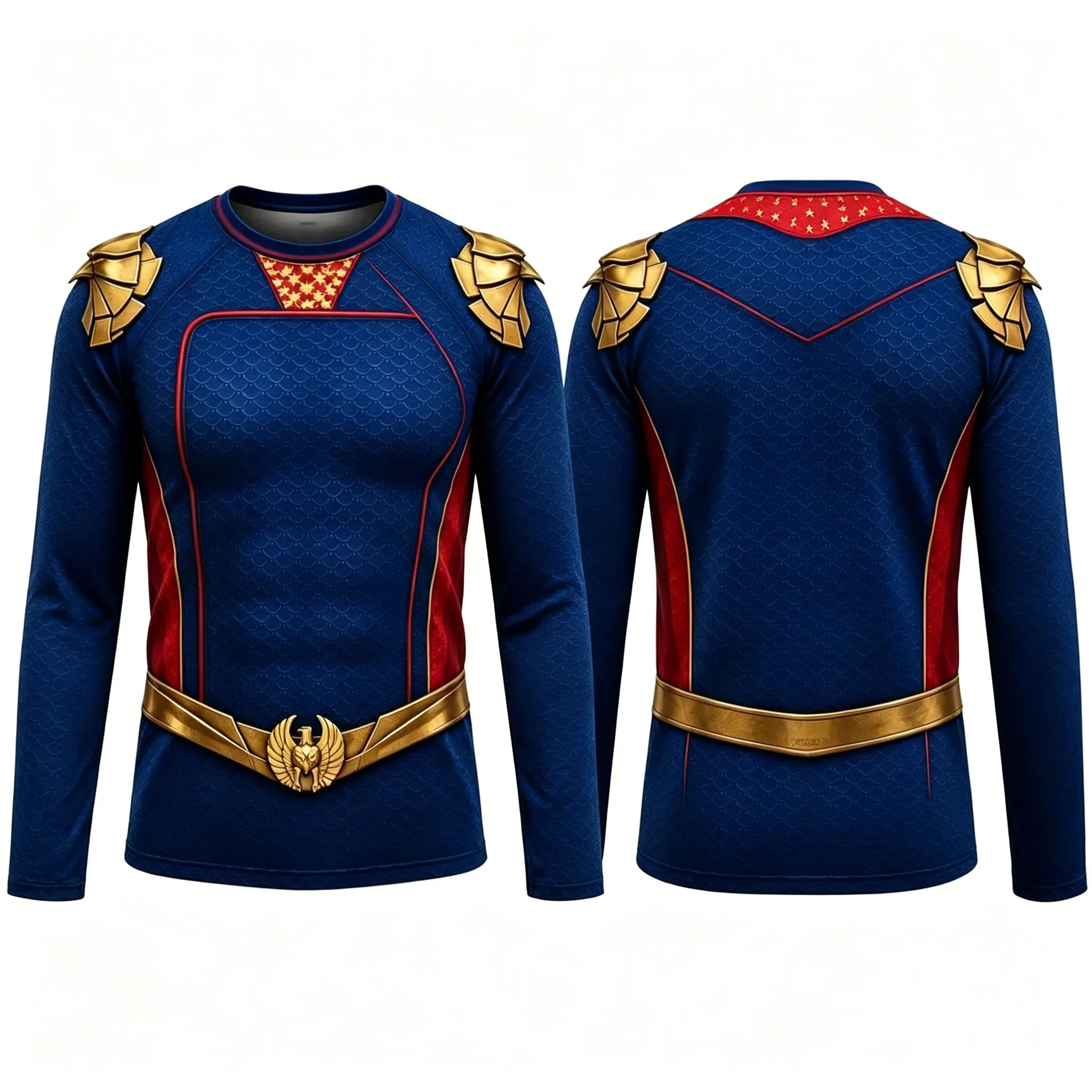 Homelander Inspired Cosplay T-shirt, Blue Gold Superhero Costume Long Sleeve Tee, Summer Breathable Sports Casual Tops for Men