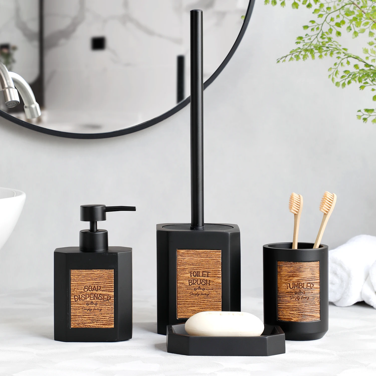 Bathroom Accessories Set 4 Pcs Soap Dispenser Toothbrush Holder Bathroom Tumbler Resin Kits Soap dish Toilet brush holder Black