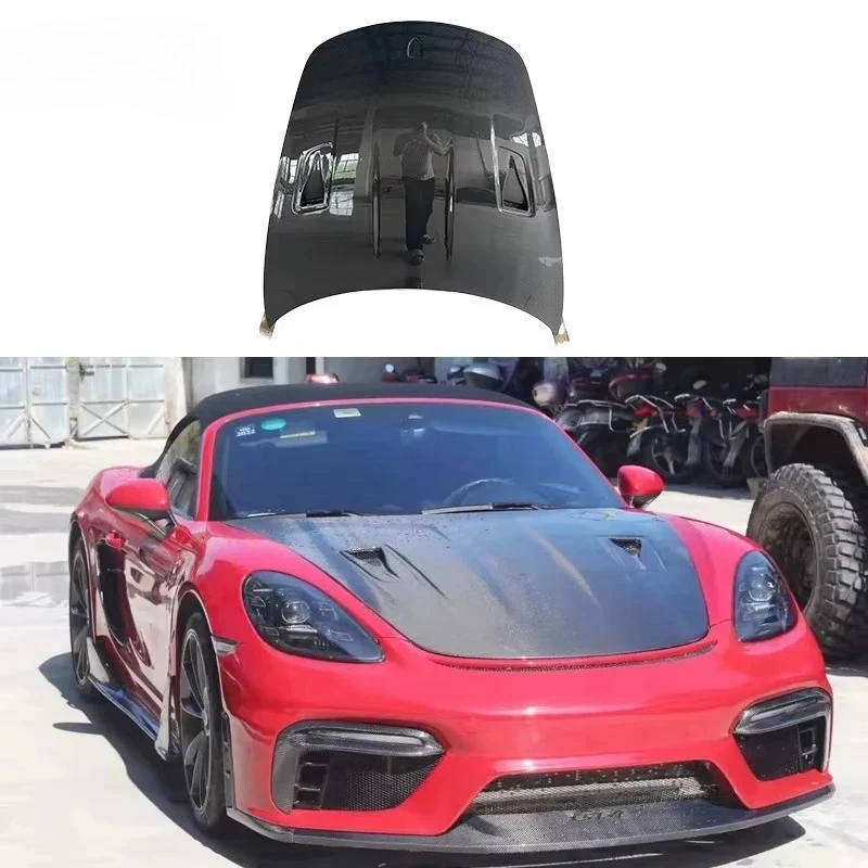 High Quality GT4 Style Carbon Fiber Engine Hood Bonnet Direct Bolt-On Fit Porsche 718 982 Cayman Boxster Front Trunk Lid Aerodyn