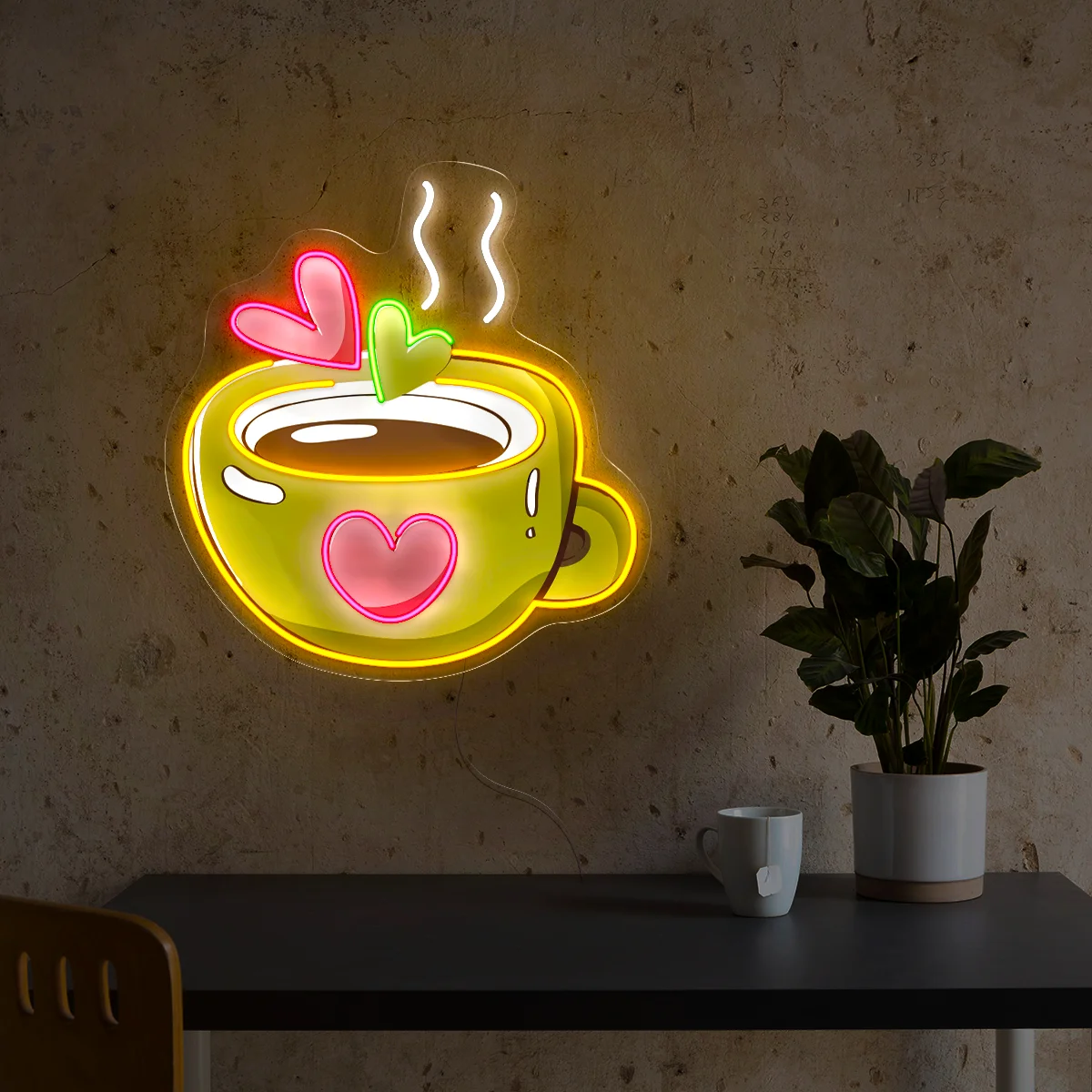 Coffee Time Neon Sign Coffee with Hearts Artwork Sign Wall Art Decor UV Print Sign Business Drink Shop Neon Bar Club Neon