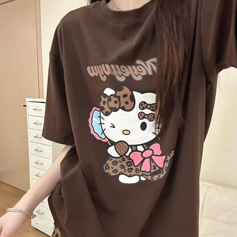 Футболка Sanrio Hello Kitty с короткими рукавами для девочек, летняя женская футболка с короткими рукавами, повседневная одежда для ежедневной носки, футболки с рисунком Kawaii, женская одежда
