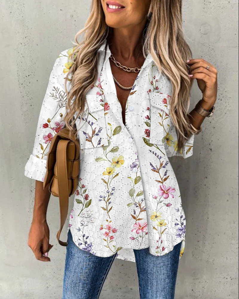 Elegant Woman Shirt 2025 Fashion Floral Pattern Long Sleeve Shirt Eyelet Embroidery Pocket Design Turn-Down Collar Blouse Top