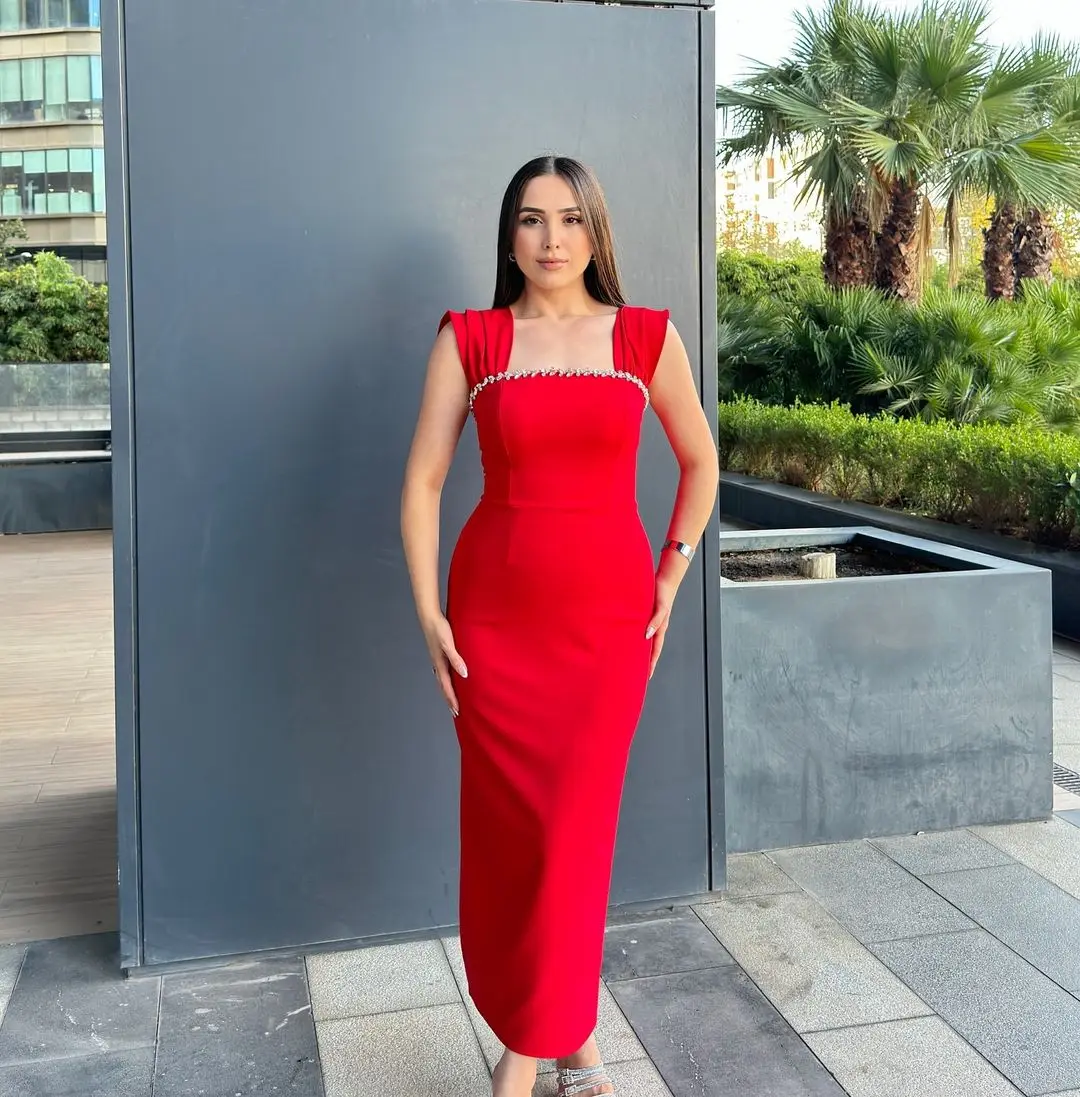 Customized Red Sleeveless Prom Dresses Square Neck Bridesmaid Dress Beadings Ankle Length Long Special Party Women Wear